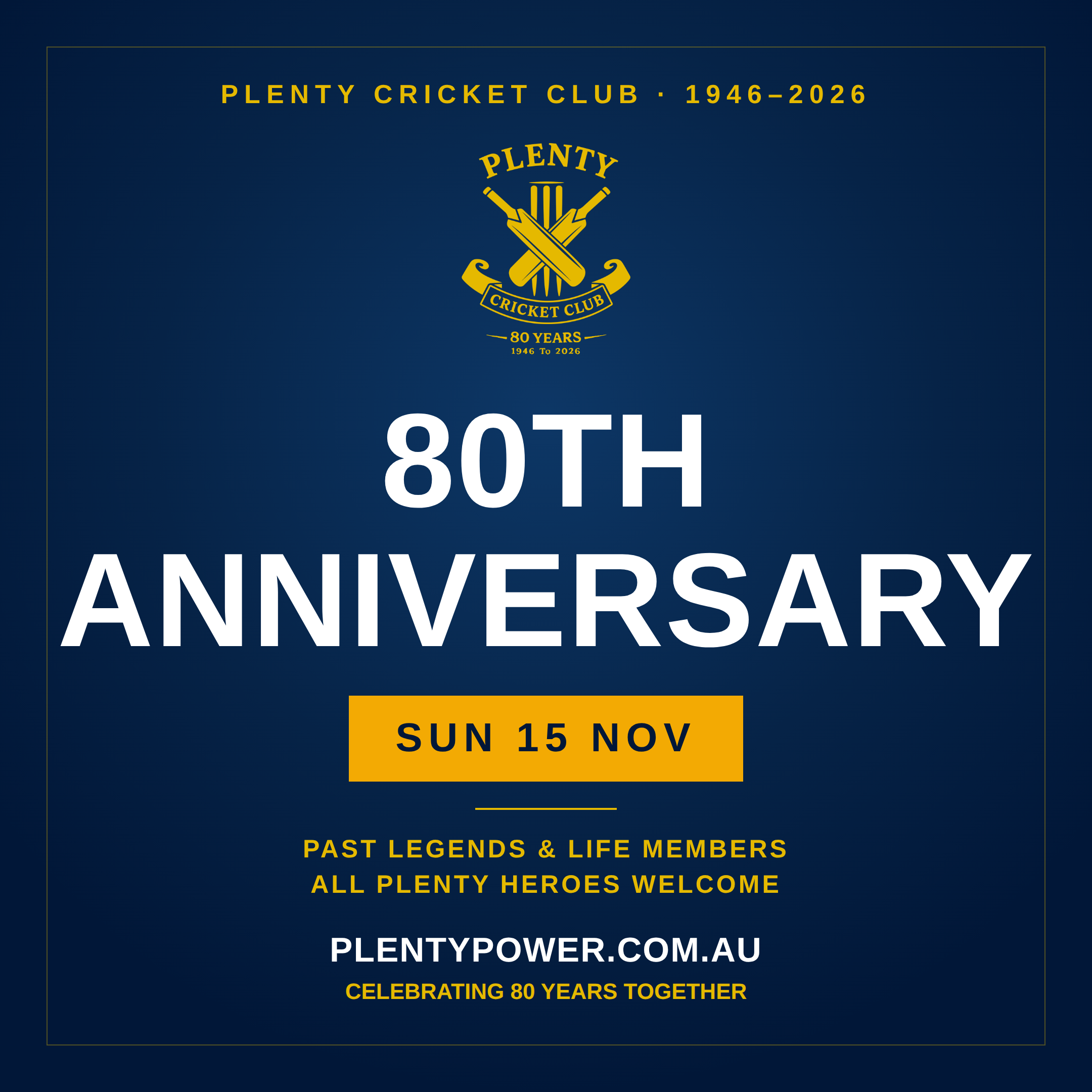 Plenty Cricket Club 80th Anniversary, 1946 to 2026. Sunday 15 November. Past legends and life members, all Plenty heroes welcome.